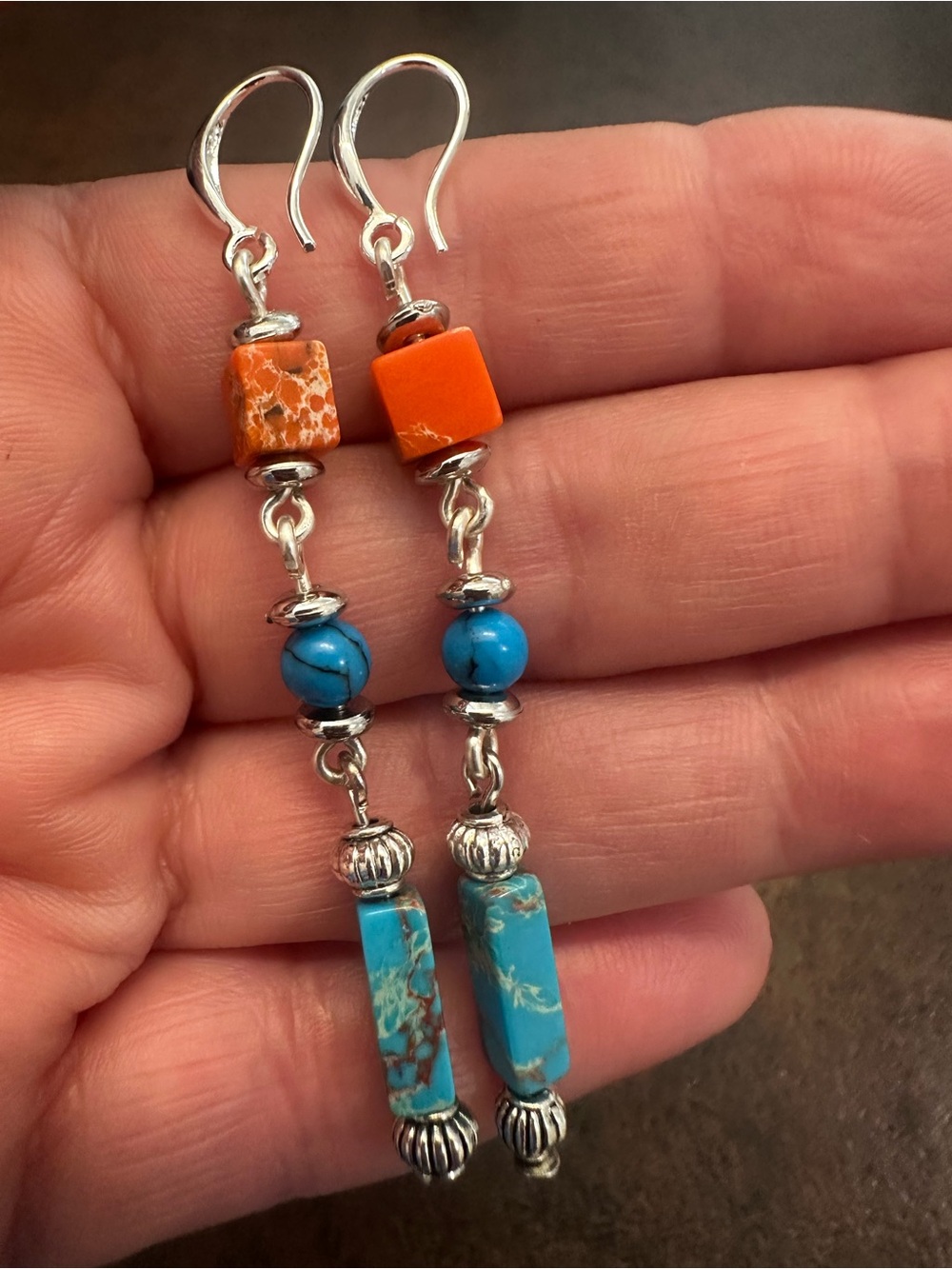 Turquoise & Orange Beaded Drop Earrings - Silver Tone